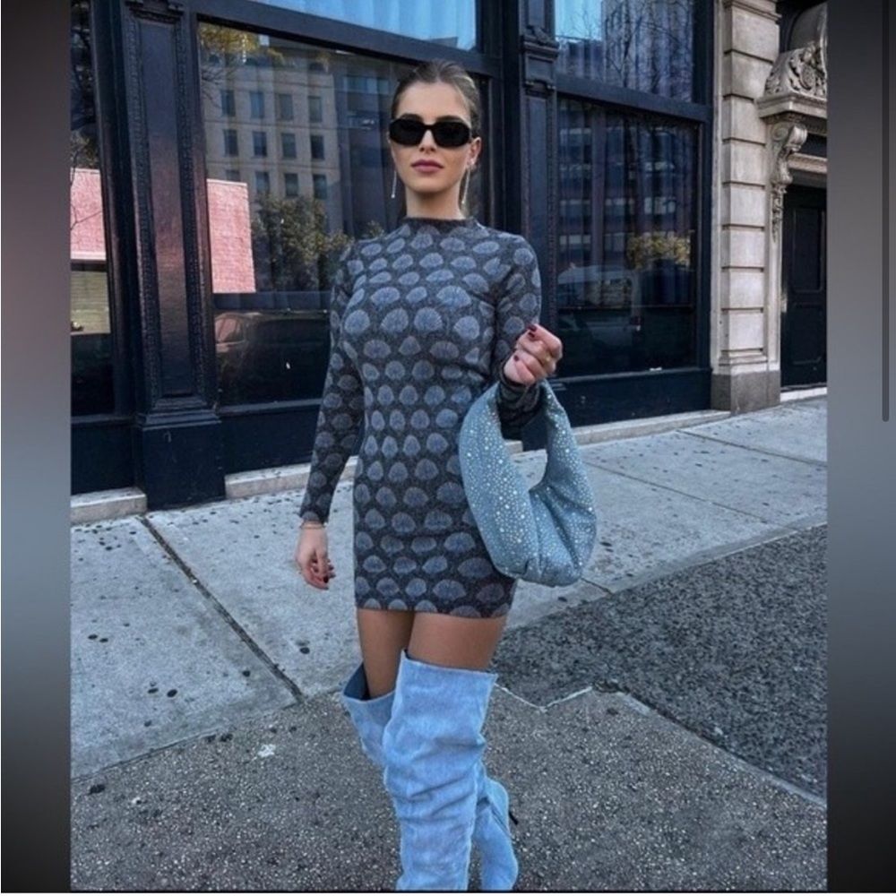 Zara Nwt Seamless Jacquard Shell Mock Neck Long Sleeved Stretch Knit Mini Dress